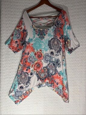 Chelsea & Theodore Coral and Teal Floral Handkerchief-Hem Top